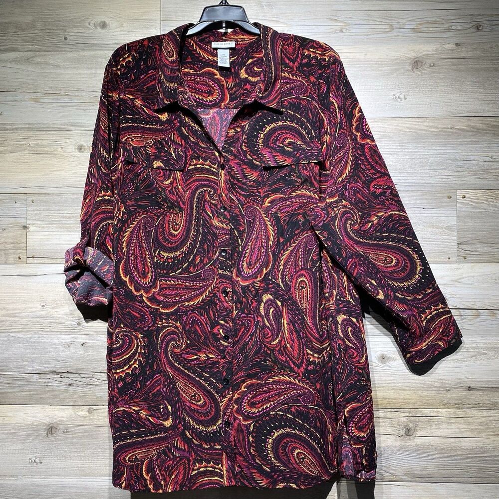 Catherines Button-Up Tunic Top Blouse 4x Red Mult… - image 1